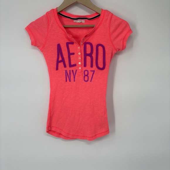 Aeropostale Tops - Aeropostale‎ Womens Neon Pink AERO NY 87 Graphic Henley Top Slim Fit Small Y2K